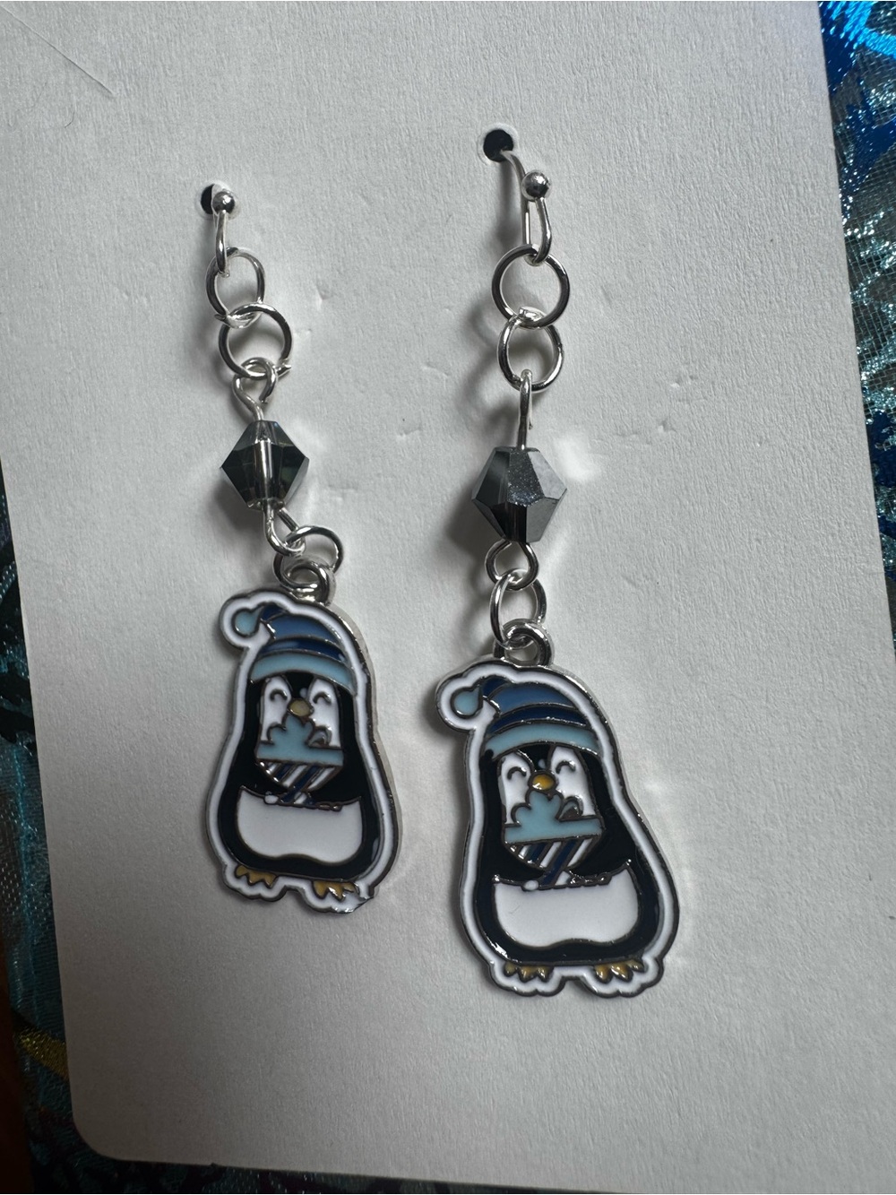 Winter Penguin Dangle Earrings Blue Silver Holiday